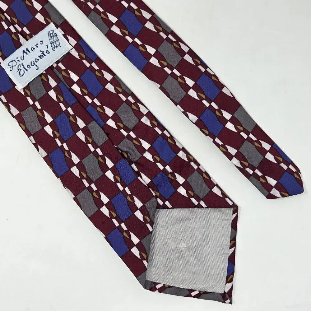 DIMARO ELEGANTE POLYESTER TIE BURGUNDY BLUE GRAY GEOMETRIC 3.75